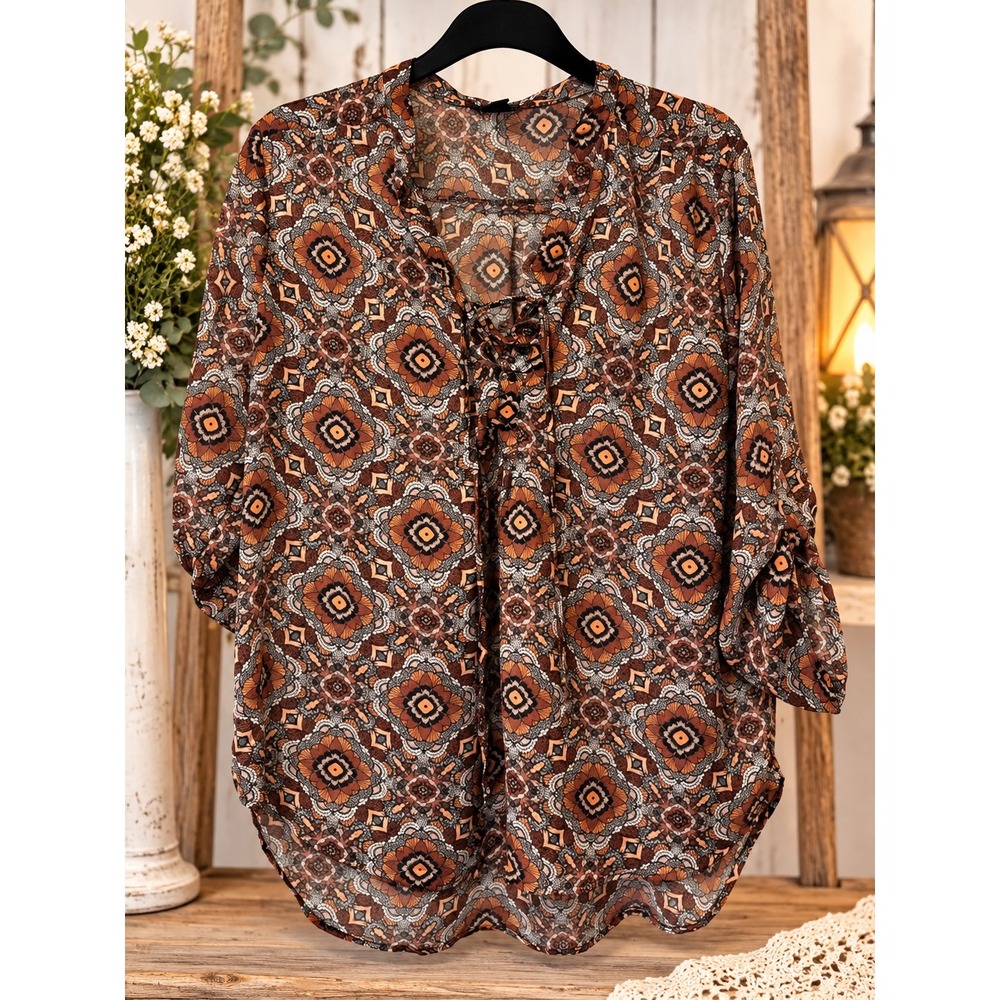 rue21 Medallion Print Lace Up Roll Tab Sleeve Blouse XL Brown Orange Boho